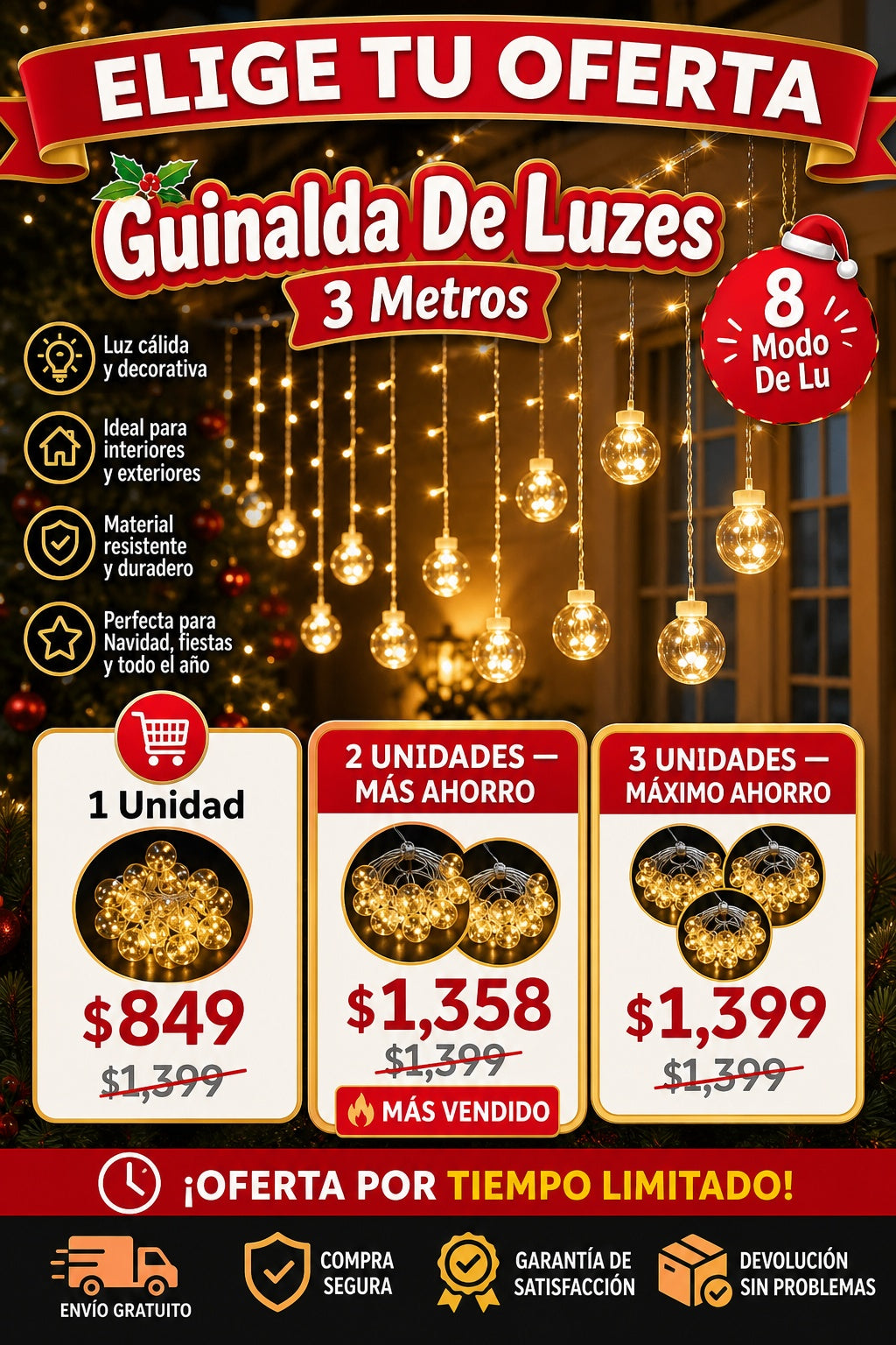Guinalda De Luzes 3 Metros 8 Modo De Lu - imagen 2