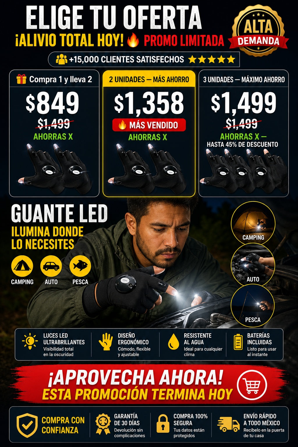 Guante Luz Led para Camping Carro o Pesca - imagen 2
