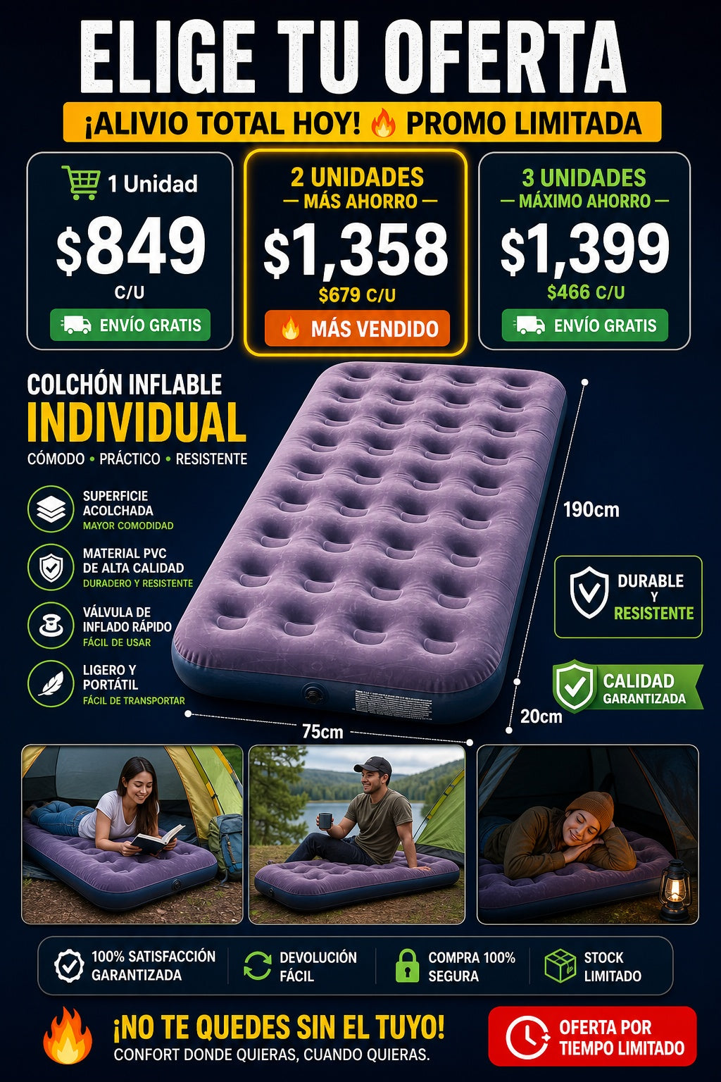 Colchon Inflable Individual Aire Camping - imagen 2