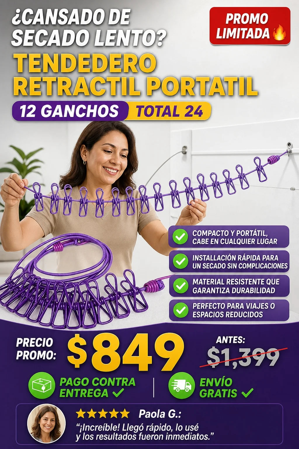 Tendedero Retráctil Portátil 12 Ganchos 2 Piezas
