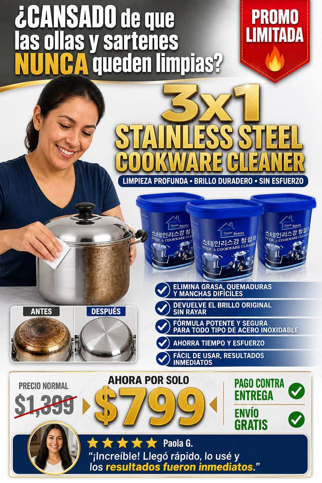 3x1 Pasta Limpiadora Ollas Acero Inoxida - imagen 3