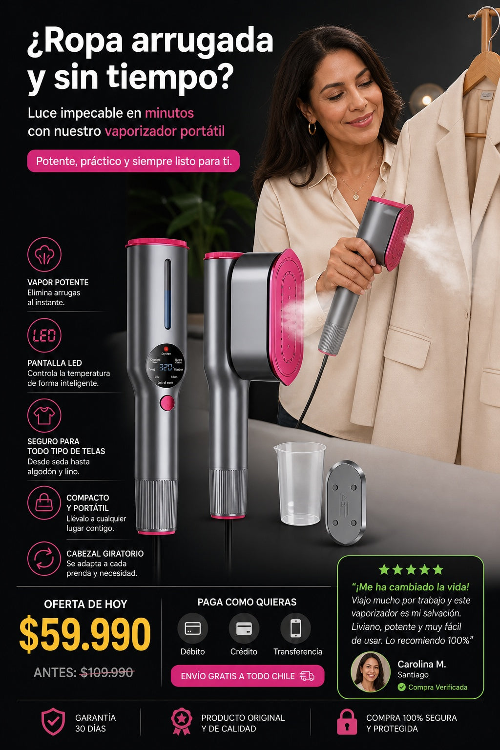 Vaporizador de ropa portátil de mano con pantalla LED - imagen 3 - solucion