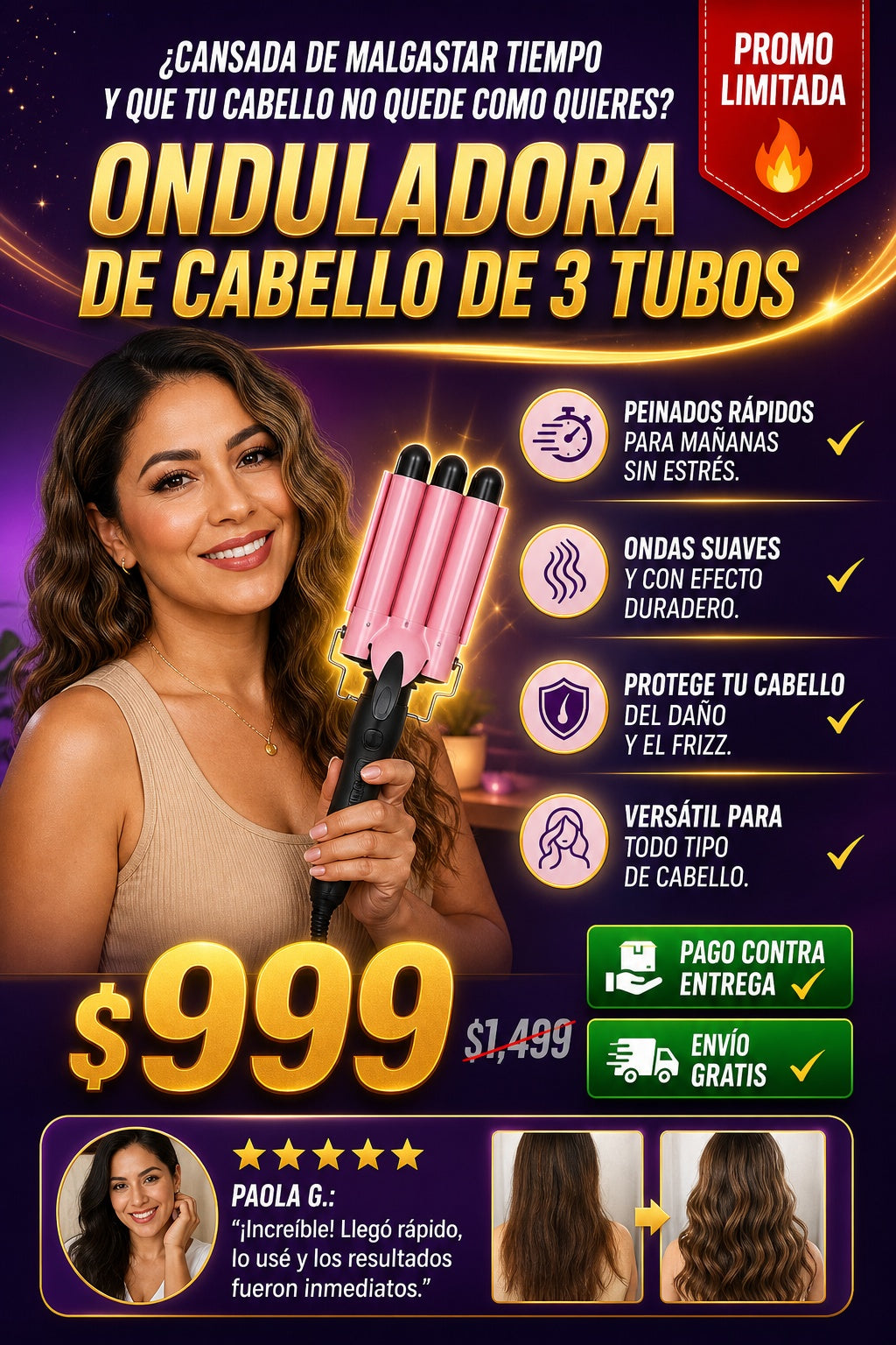 Onduladora De Cabello De 3 Tubos - imagen 3