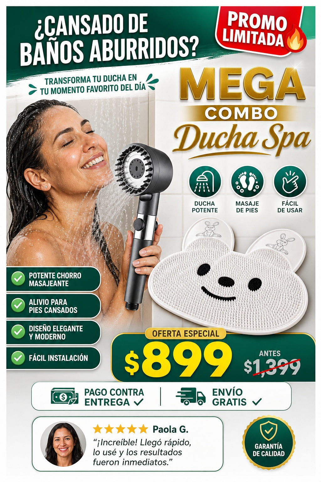 MEGA Combo Ducha Spa por la compra de la cabeza de ducha lleva gratis el tapete masajeador de pies - imagen 3 - solucion