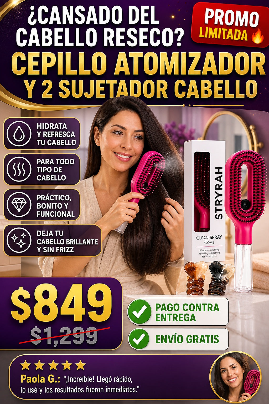 Cepillo Atomizador Y 2 Sujetador Cabello - imagen 3