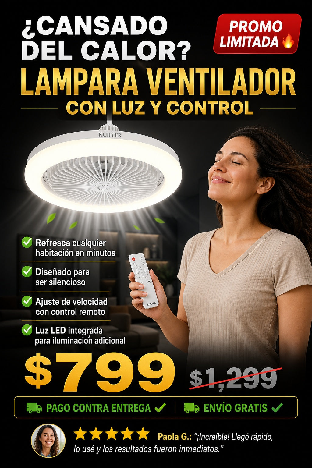 Lampara Ventilador Con Luz Y Control - imagen 3