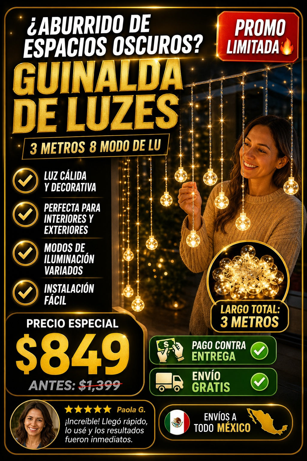 Guinalda De Luzes 3 Metros 8 Modo De Lu - imagen 3