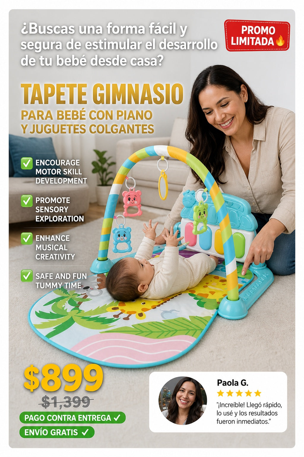 Tapete gimnasio para bebé con piano y juguetes colgantes - imagen 3 - solucion