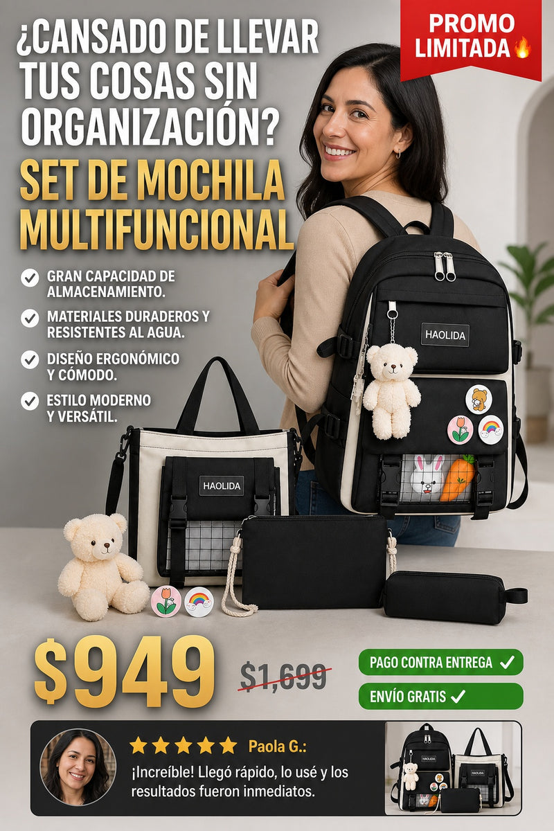 Set De Mochila Multifuncional incluye • 1 Mochila principal.  • 1 Bandolera.  • 1 Bolso mensajero.  • 1 Estuche.  • 1 Llavero de oso.  • 3 Botones decorativos.  • 2 Accesorios de conejo.  • 2 Accesorios de zanahoria. - imagen 3