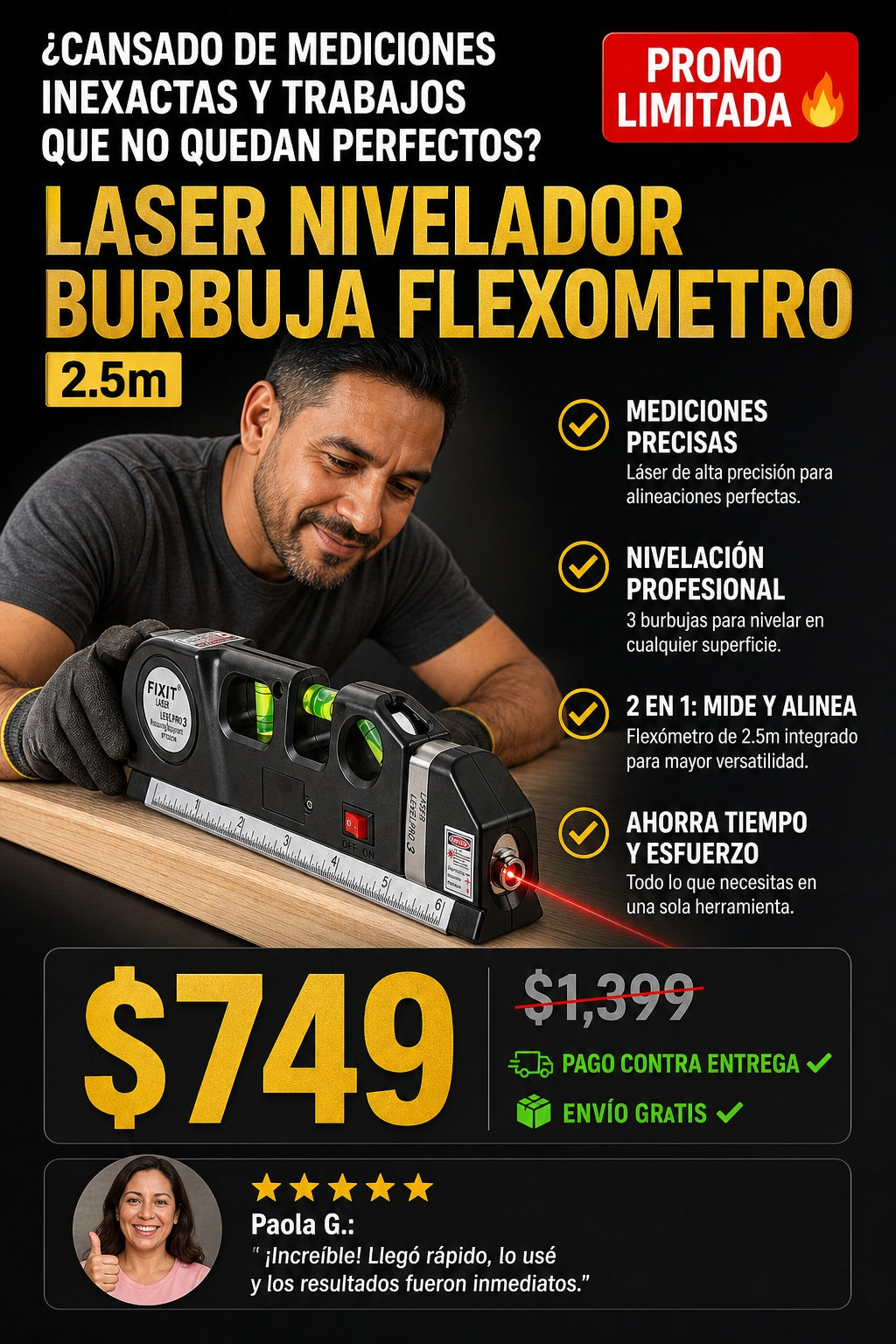 Laser Nivelador Burbuja Flexometro 2.5m - imagen 3