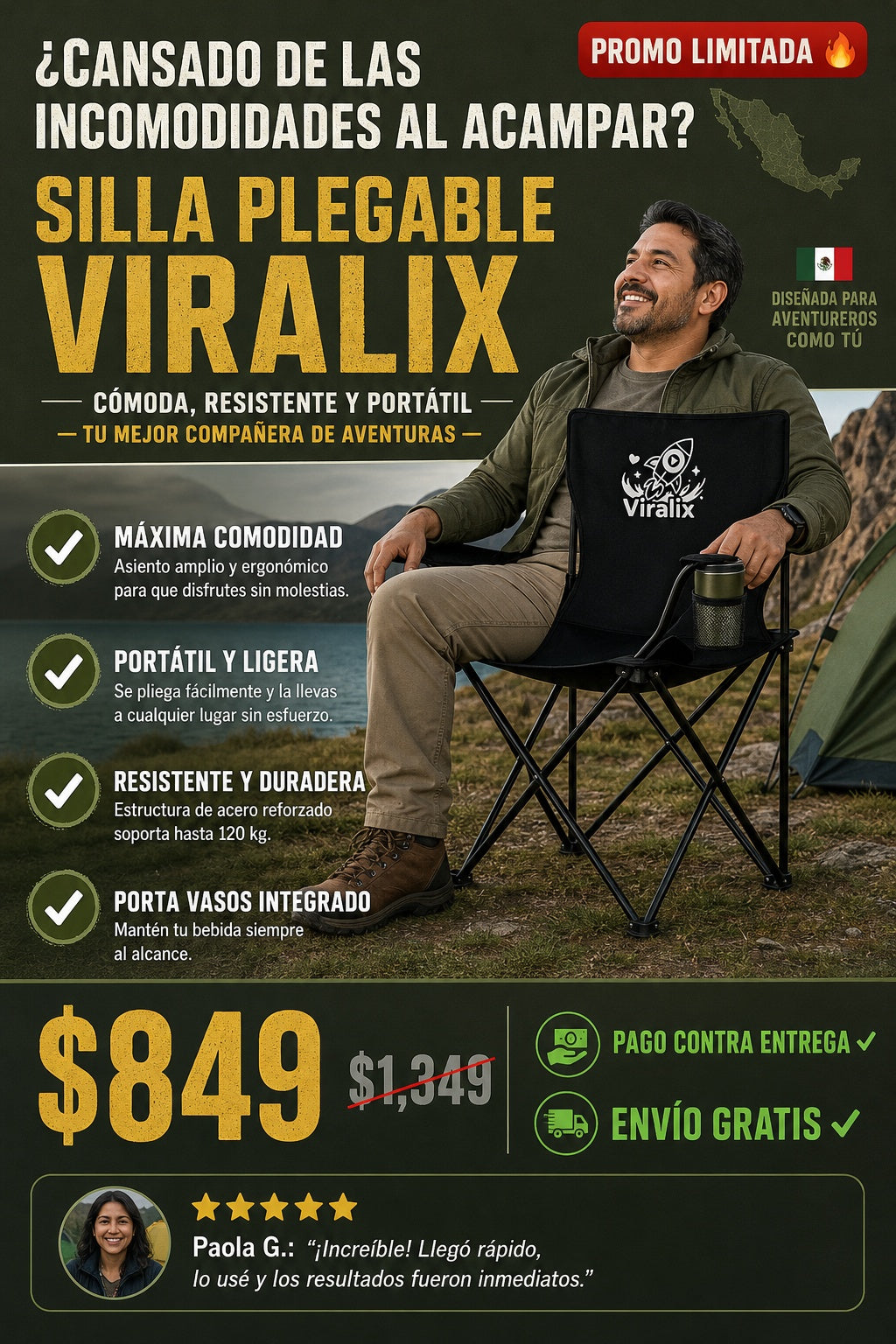 Silla plegable portátil para camping con portavasos - imagen 3 - solucion