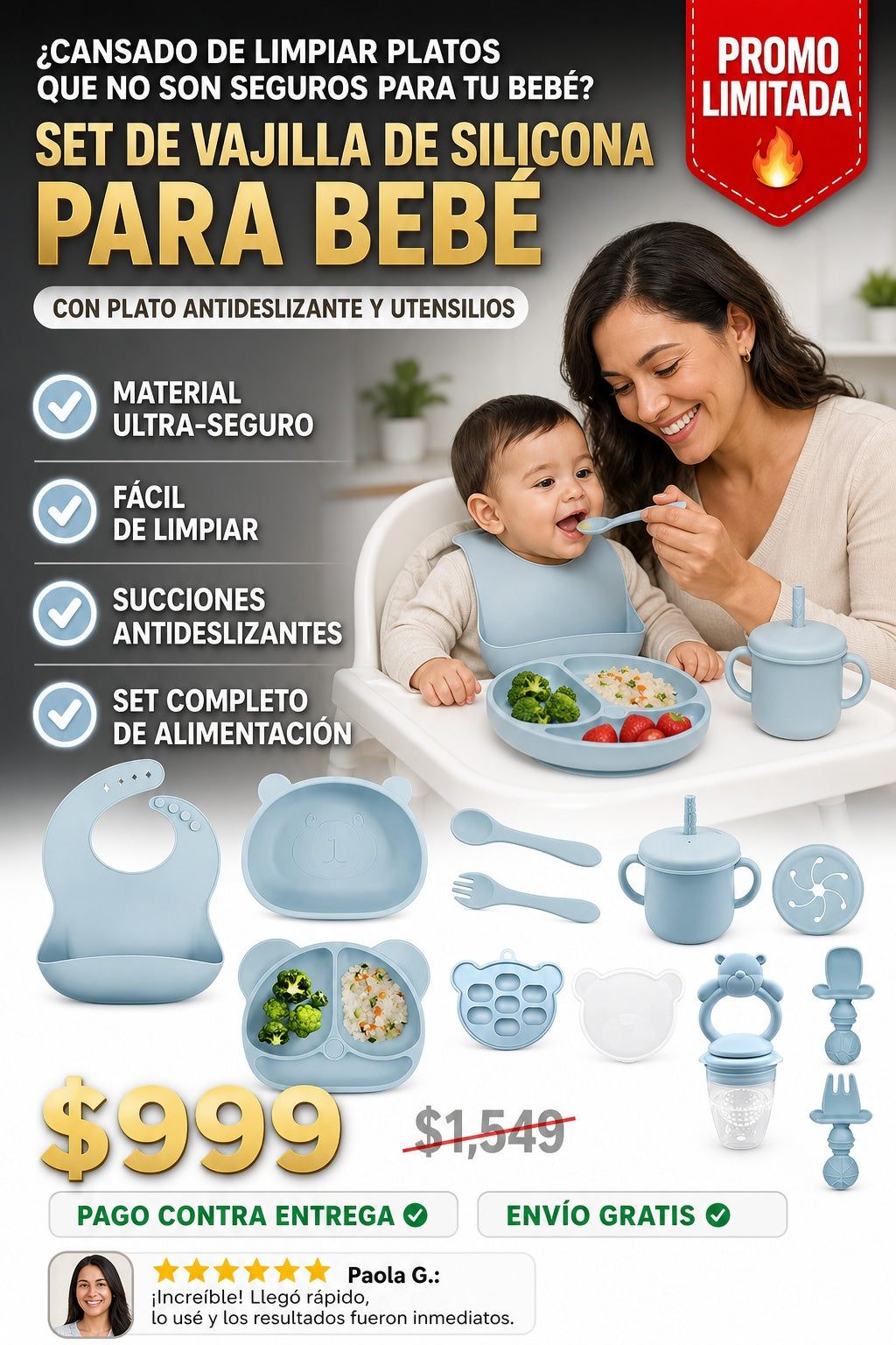 Set de vajilla de silicona para bebé con plato antideslizante y utensilios - imagen 3 - solucion
