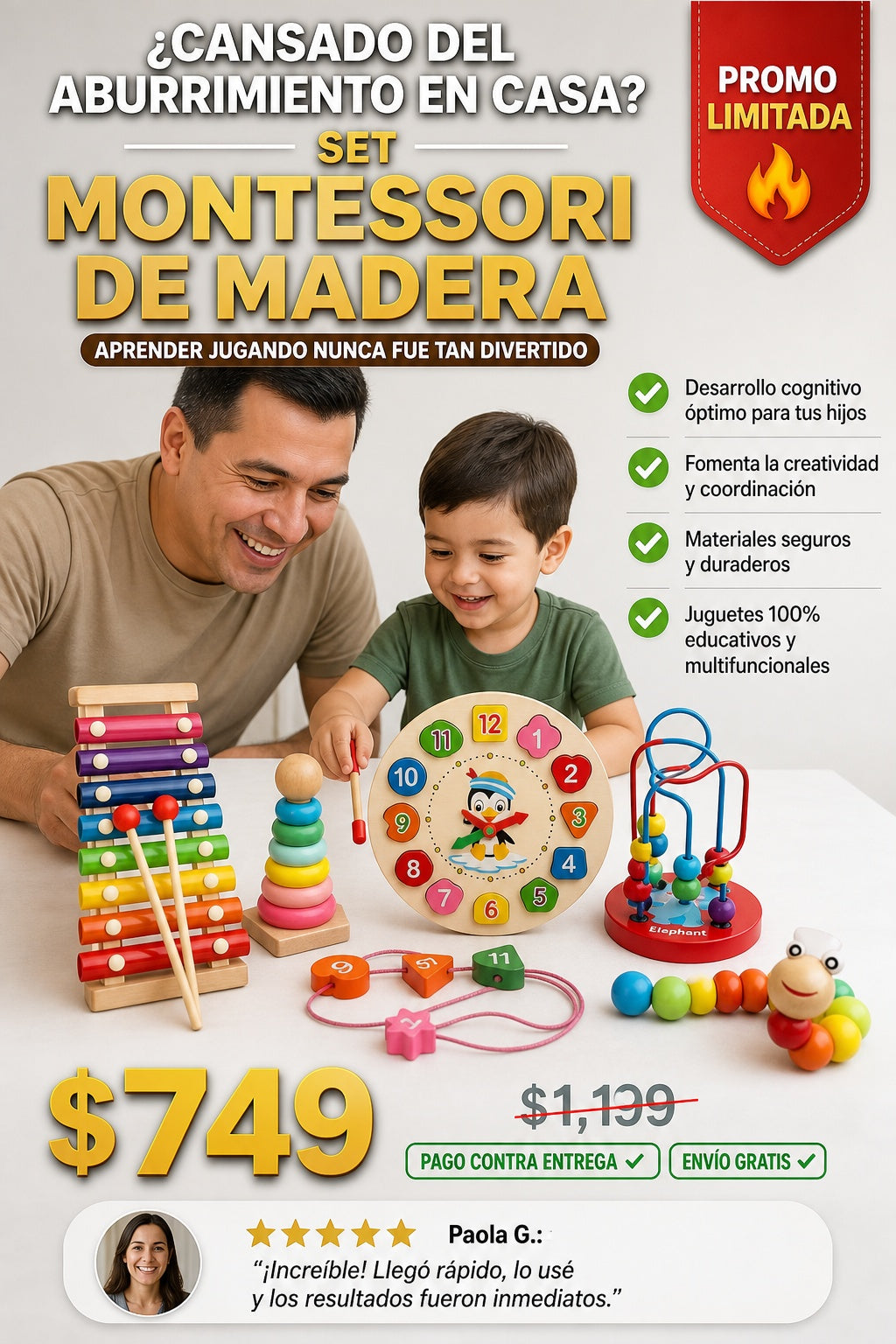 Set de juguetes educativos Montessori de madera con xilófono y torre apilable - imagen 3 - solucion
