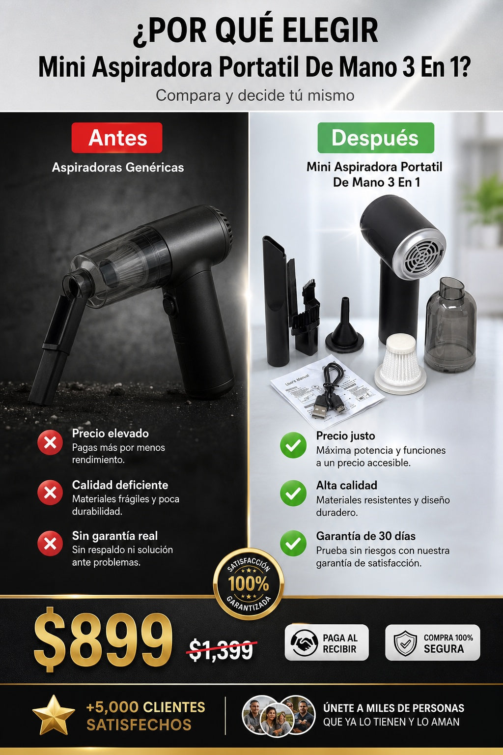 Mini Aspiradora Portatil De Mano 3 En 1 con luz led para autos y en la casa en general - imagen 4