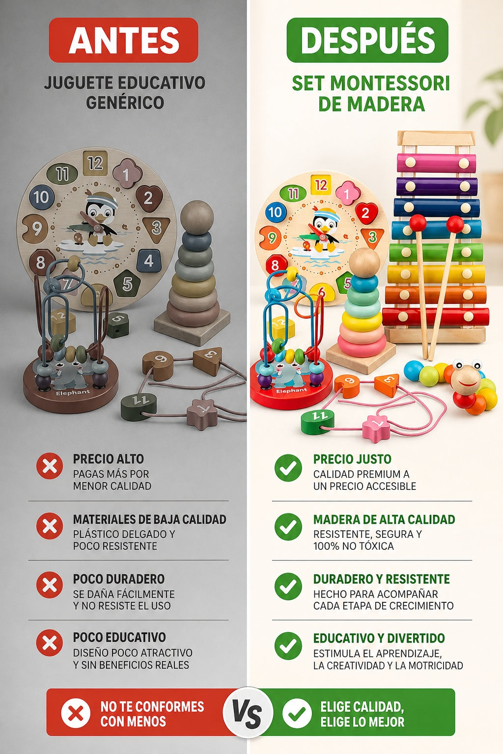Set de juguetes educativos Montessori de madera con xilófono y torre apilable - imagen 4 - beneficios