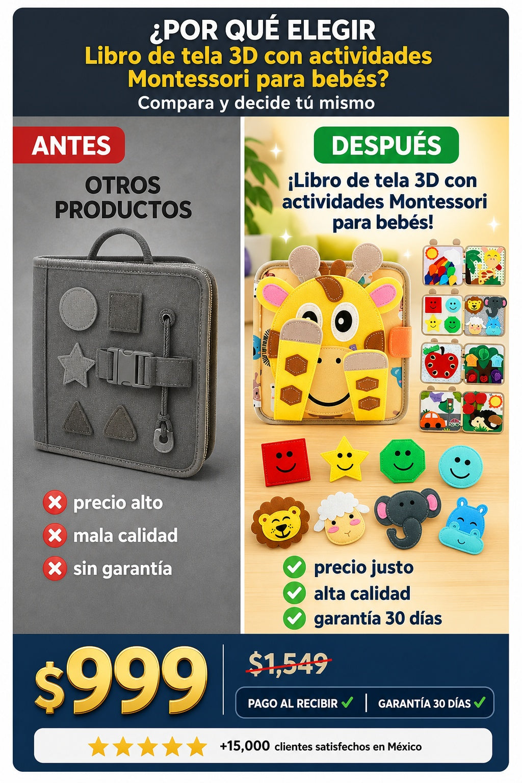 Libro de tela 3D con actividades Montessori para bebés - imagen 4 - beneficios