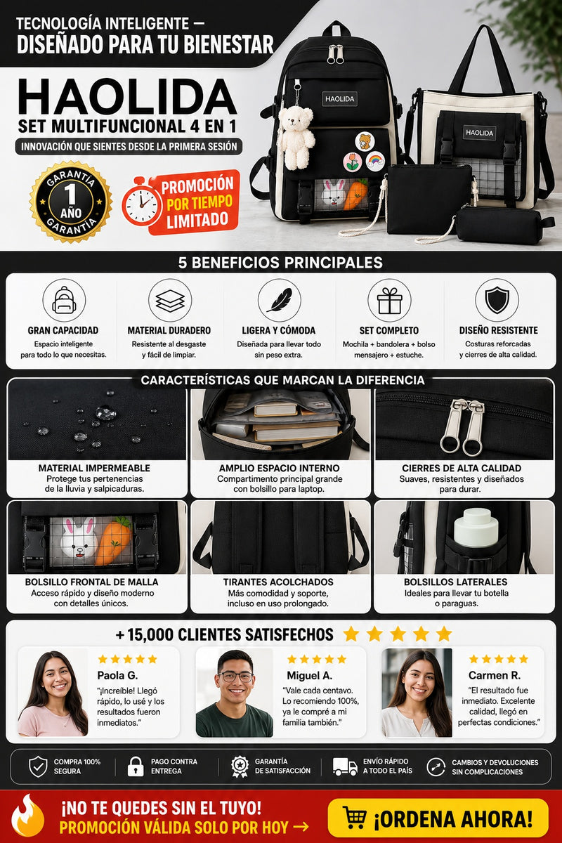 Set De Mochila Multifuncional incluye • 1 Mochila principal.  • 1 Bandolera.  • 1 Bolso mensajero.  • 1 Estuche.  • 1 Llavero de oso.  • 3 Botones decorativos.  • 2 Accesorios de conejo.  • 2 Accesorios de zanahoria. - imagen 5