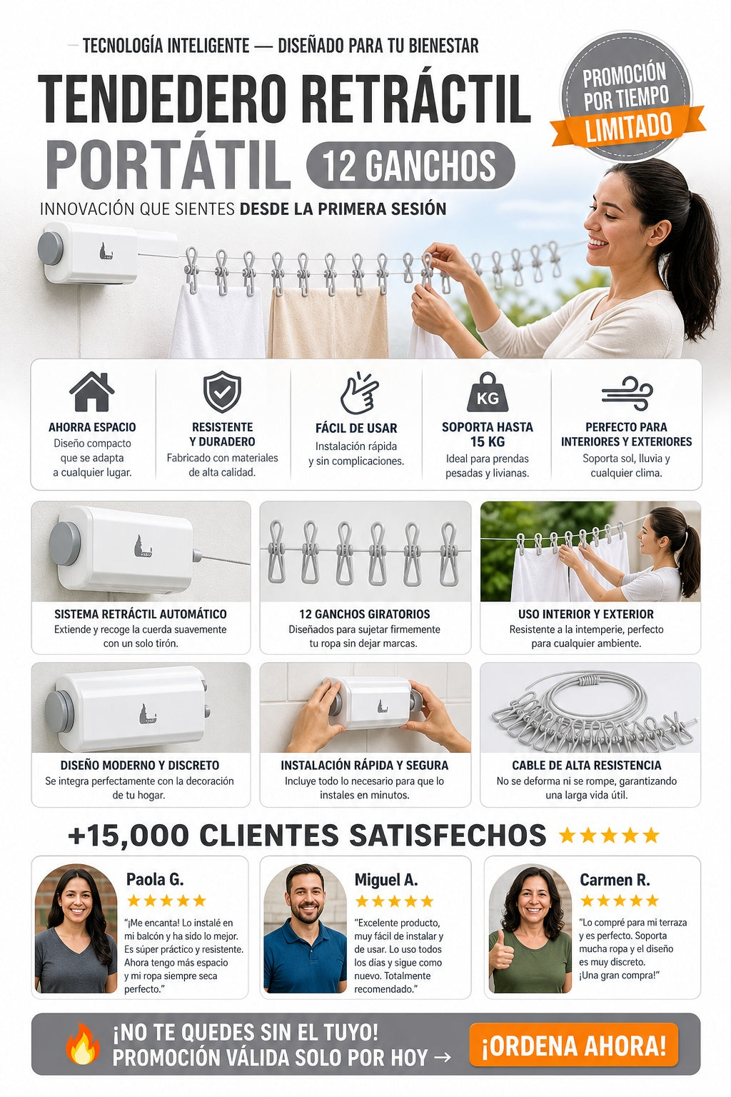 Tendedero Retractil Portatil 12 Ganchos oferta sx1 total 24 - imagen 5