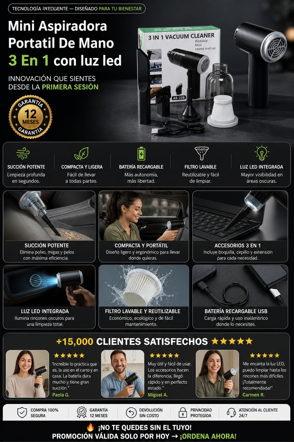 Mini Aspiradora Portatil De Mano 3 En 1 con luz led para autos y en la casa en general - imagen 5