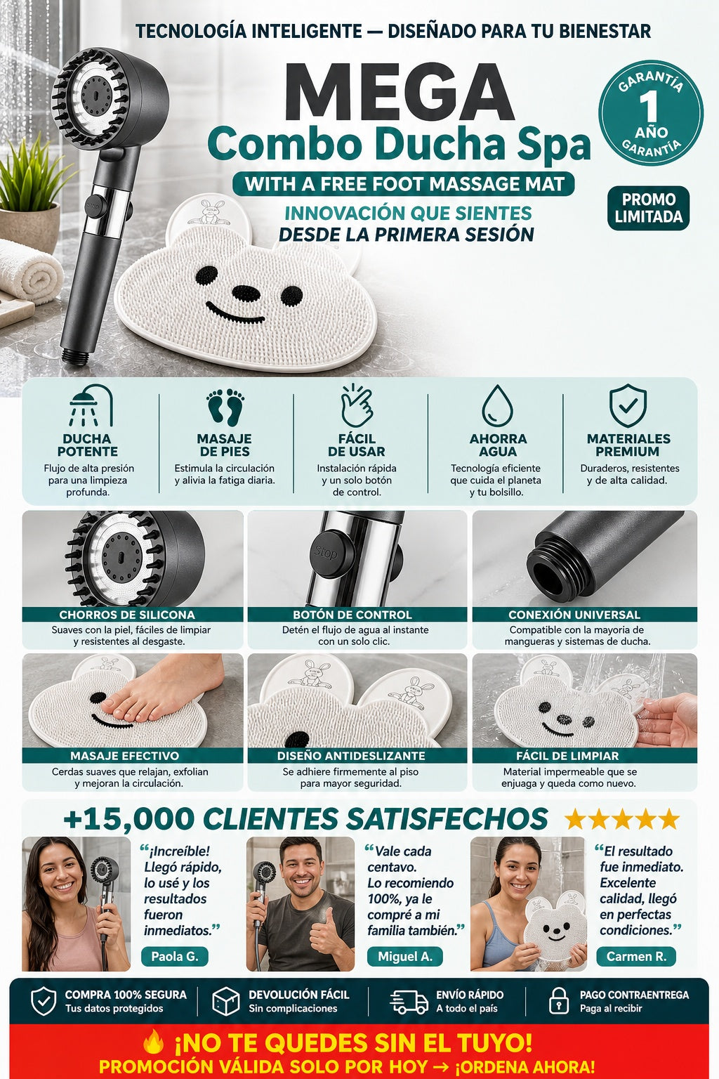 MEGA Combo Ducha Spa por la compra de la cabeza de ducha lleva gratis el tapete masajeador de pies - imagen 5 - antes-despues