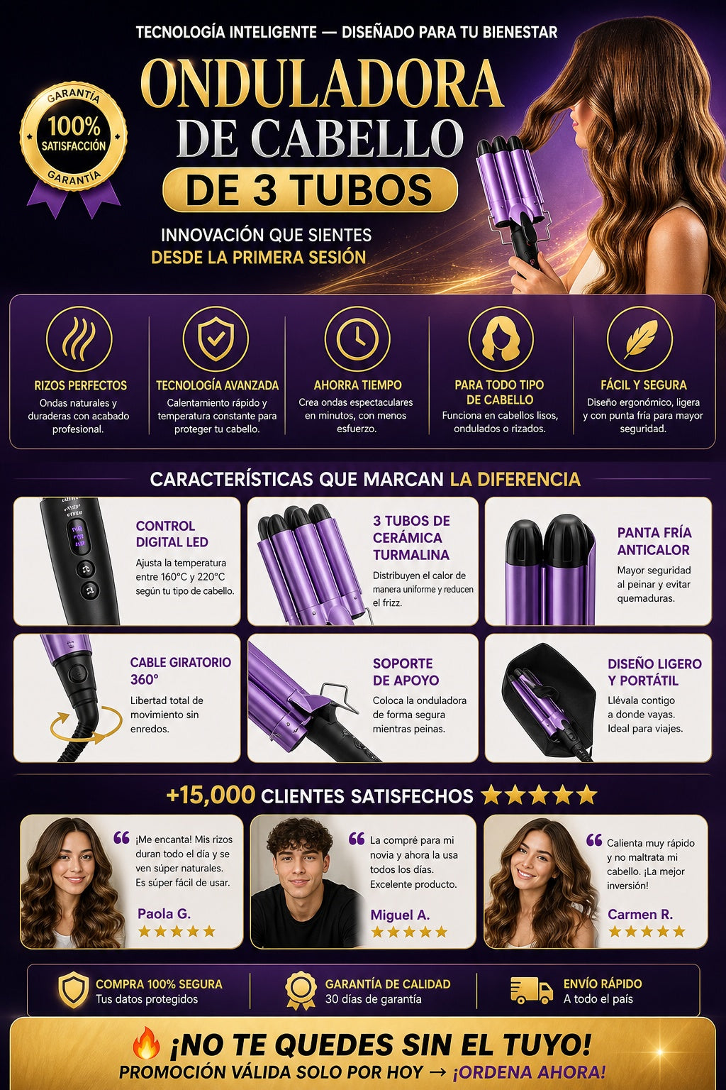 Onduladora De Cabello De 3 Tubos - imagen 5