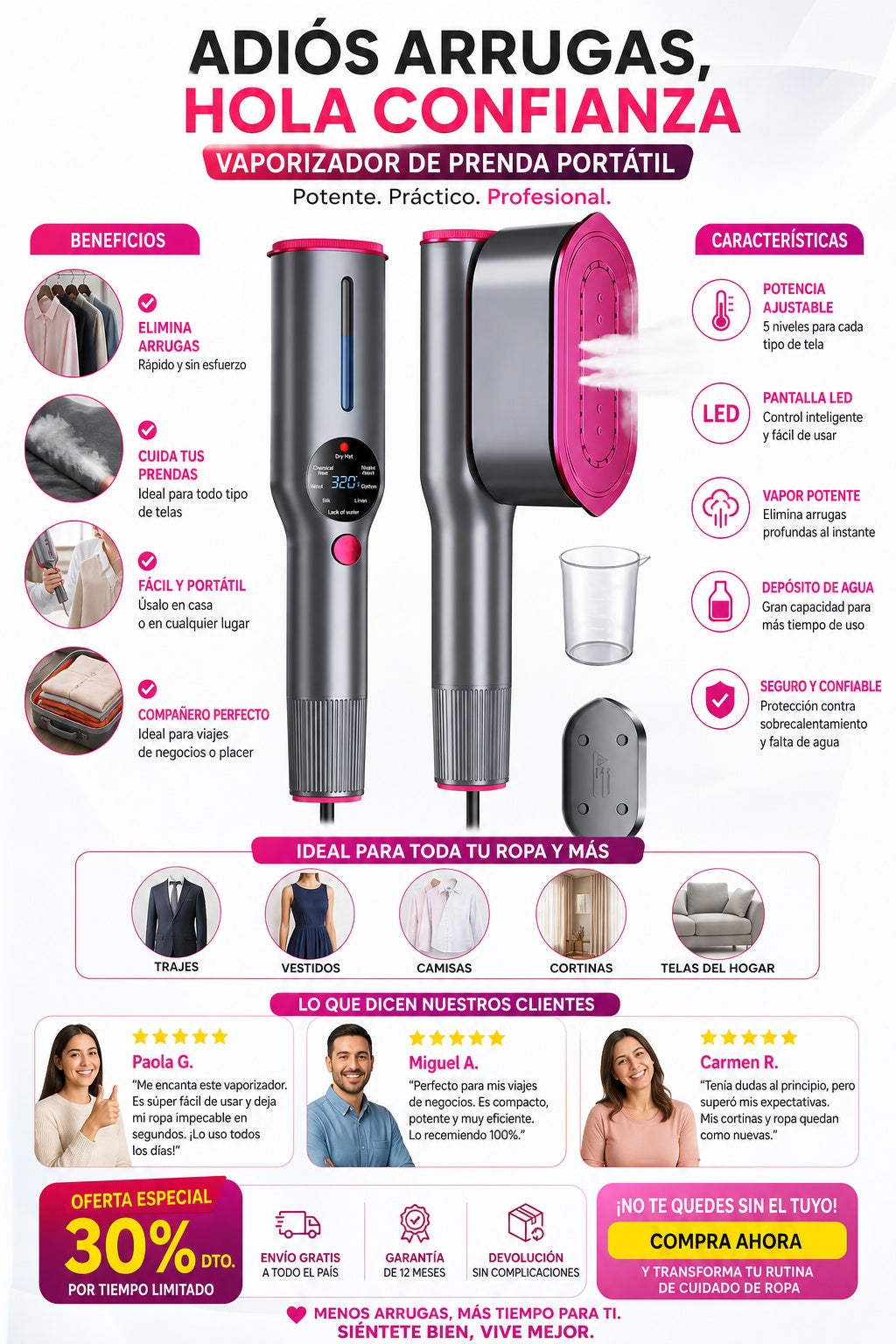 Vaporizador de ropa portátil de mano con pantalla LED - imagen 5 - antes-despues