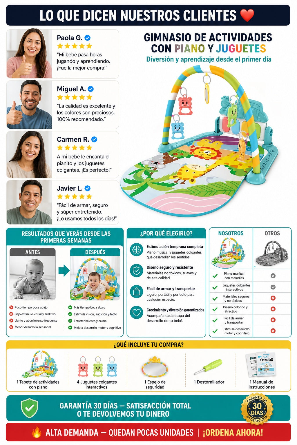 Tapete gimnasio para bebé con piano y juguetes colgantes - imagen 6 - comparativa