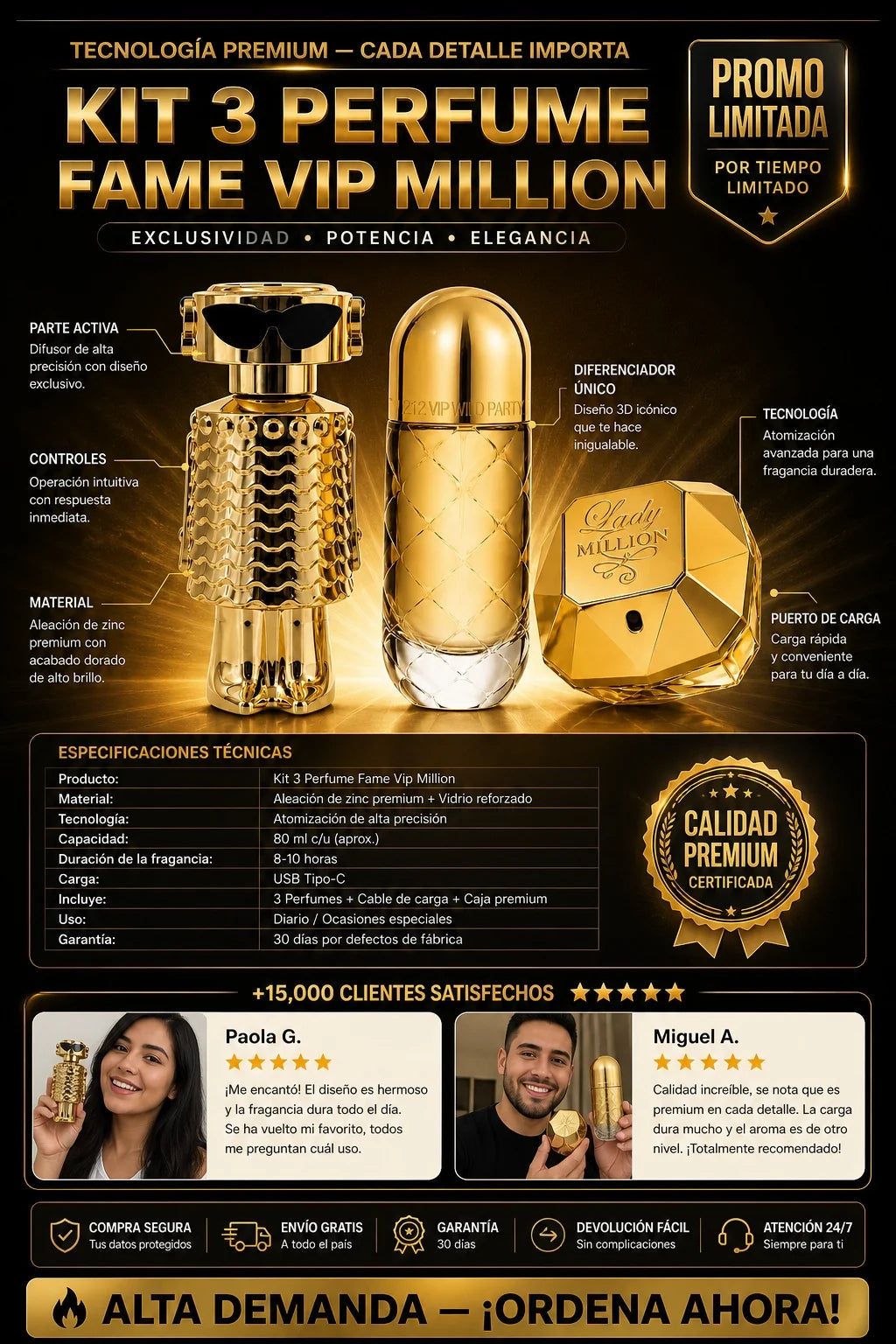 Kit 3 Perfumes Fame VIP Million Exclusivo Premium