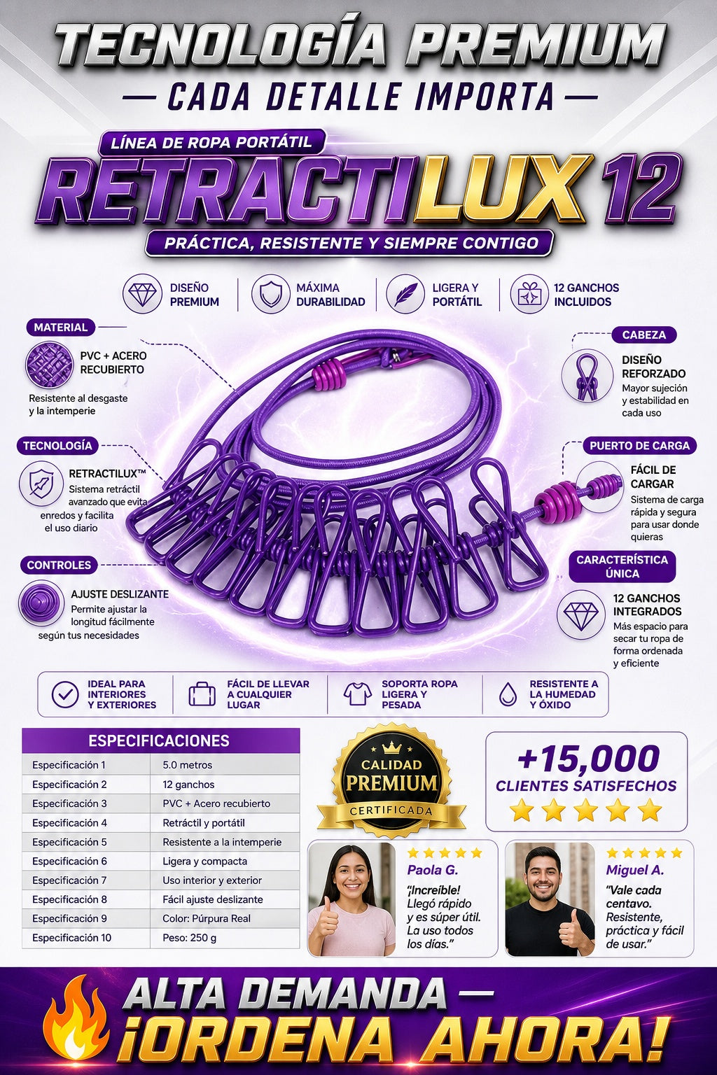 Tendedero Retractil Portatil 12 Ganchos oferta sx1 total 24 - imagen 7