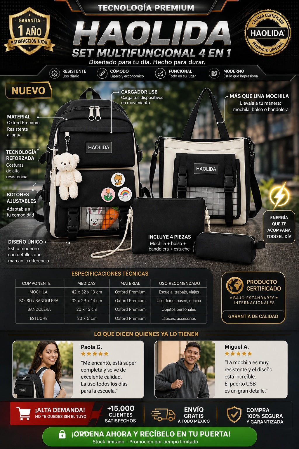 Set De Mochila Multifuncional incluye • 1 Mochila principal.  • 1 Bandolera.  • 1 Bolso mensajero.  • 1 Estuche.  • 1 Llavero de oso.  • 3 Botones decorativos.  • 2 Accesorios de conejo.  • 2 Accesorios de zanahoria. - imagen 7