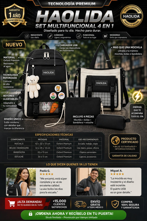Set De Mochila Multifuncional incluye • 1 Mochila principal.  • 1 Bandolera.  • 1 Bolso mensajero.  • 1 Estuche.  • 1 Llavero de oso.  • 3 Botones decorativos.  • 2 Accesorios de conejo.  • 2 Accesorios de zanahoria. - imagen 7