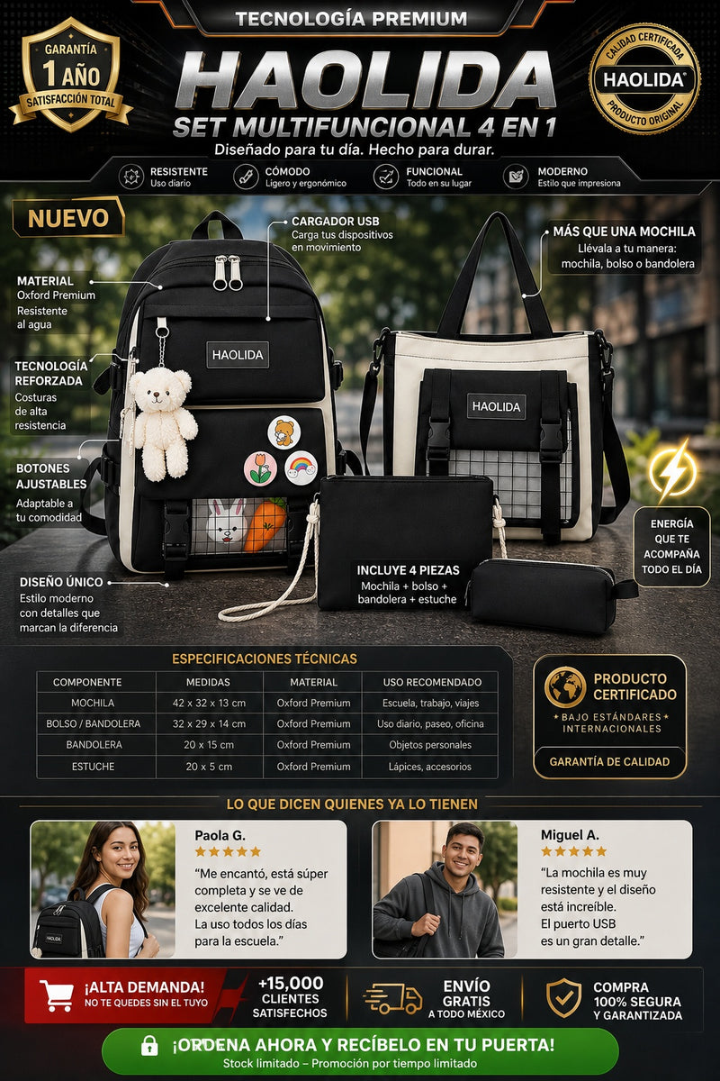 Set De Mochila Multifuncional incluye • 1 Mochila principal.  • 1 Bandolera.  • 1 Bolso mensajero.  • 1 Estuche.  • 1 Llavero de oso.  • 3 Botones decorativos.  • 2 Accesorios de conejo.  • 2 Accesorios de zanahoria. - imagen 7