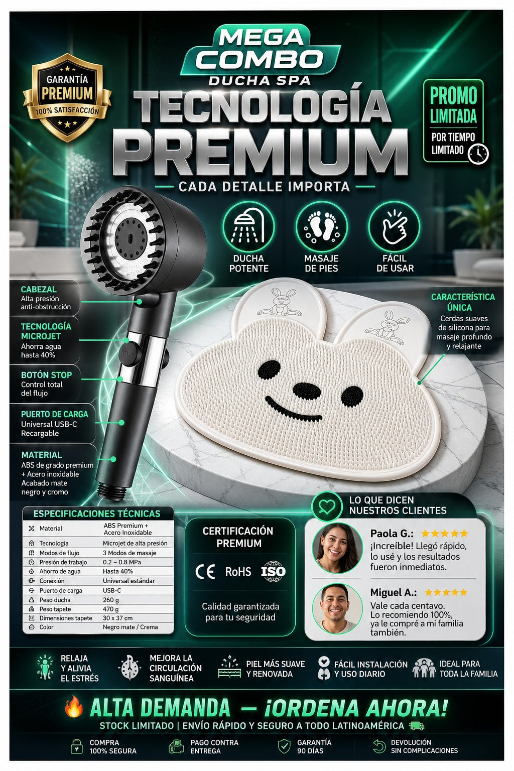 MEGA Combo Ducha Spa por la compra de la cabeza de ducha lleva gratis el tapete masajeador de pies - imagen 7 - prueba-social