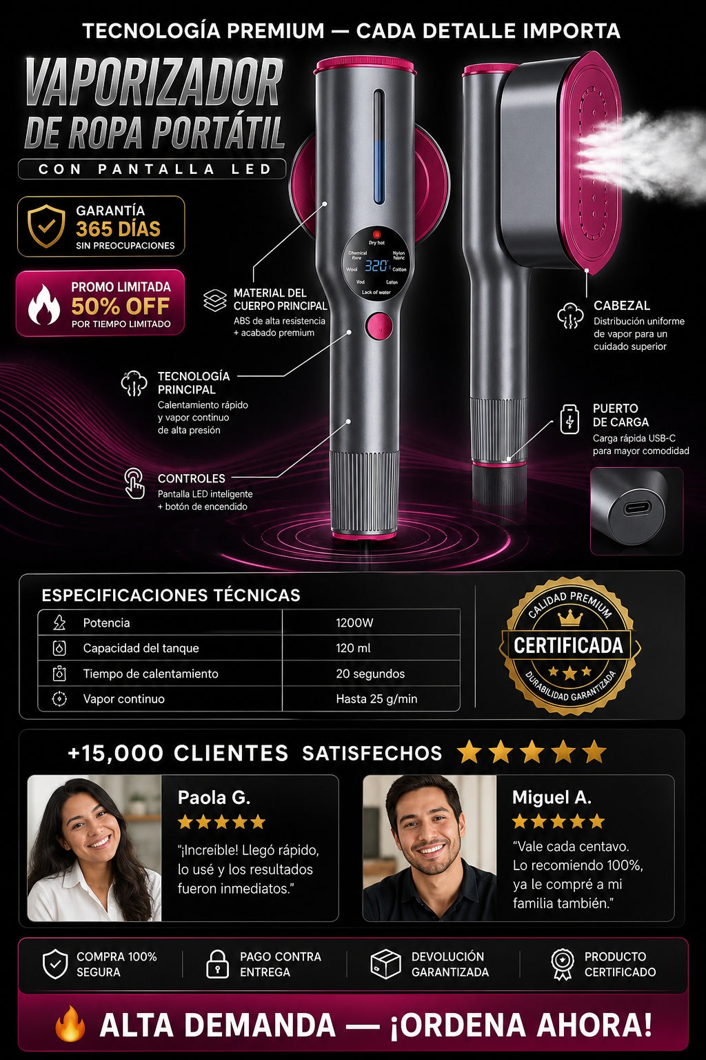 Vaporizador de ropa portátil de mano con pantalla LED - imagen 7 - prueba-social
