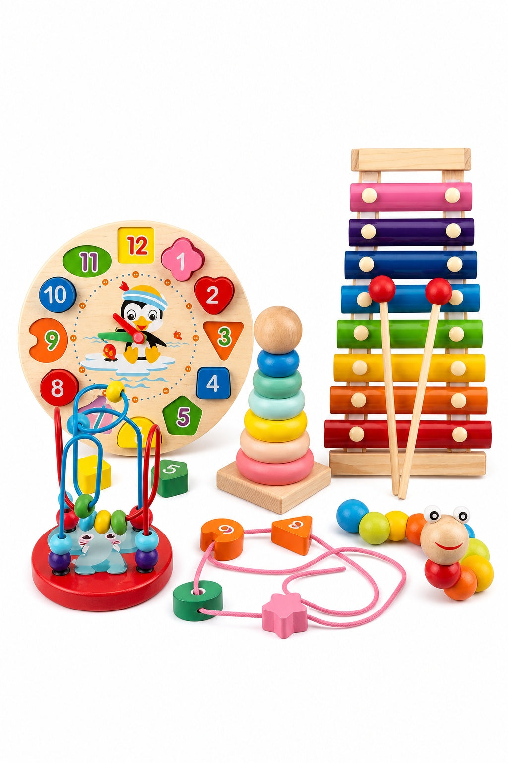 Set de juguetes educativos Montessori de madera con xilófono y torre apilable - imagen 7 - prueba-social
