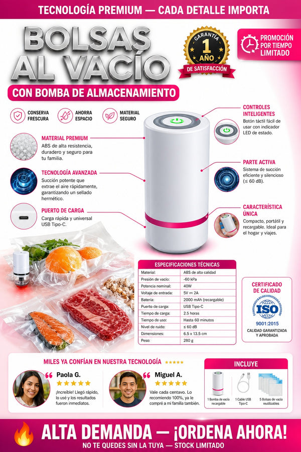 Bolsas Al Vacio Con Bomba Almacenamiento incluye  x Bomba de aire manual 5 x Bolsas de almacenamiento al vacío - imagen 7