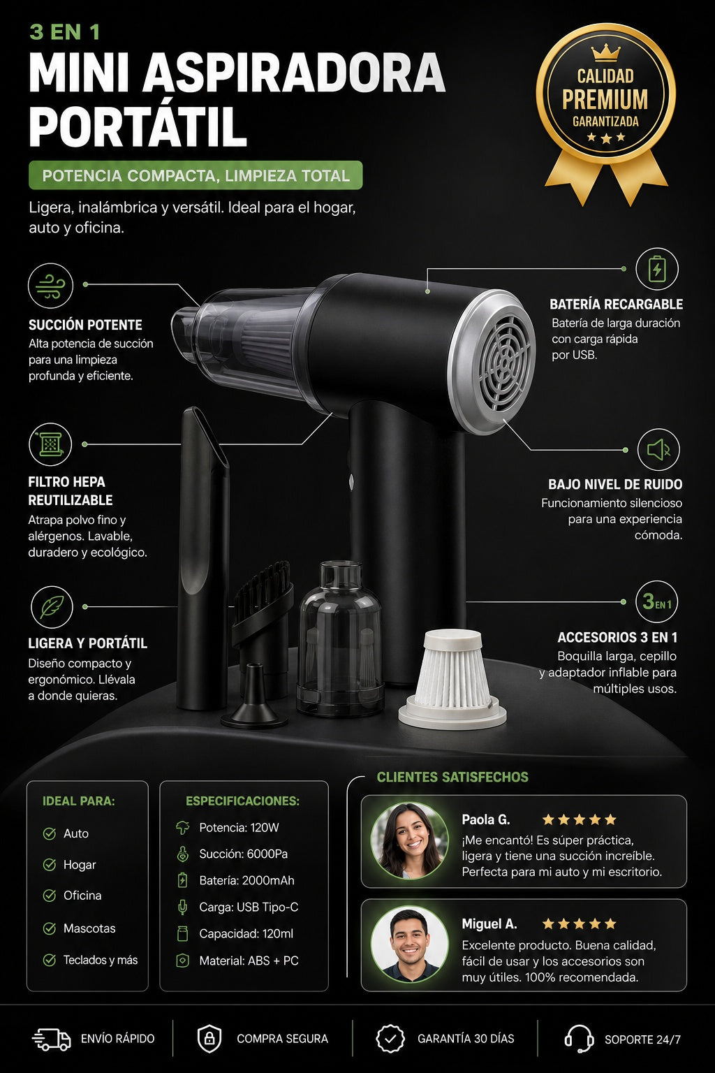 Mini Aspiradora Portatil De Mano 3 En 1 con luz led para autos y en la casa en general - imagen 7
