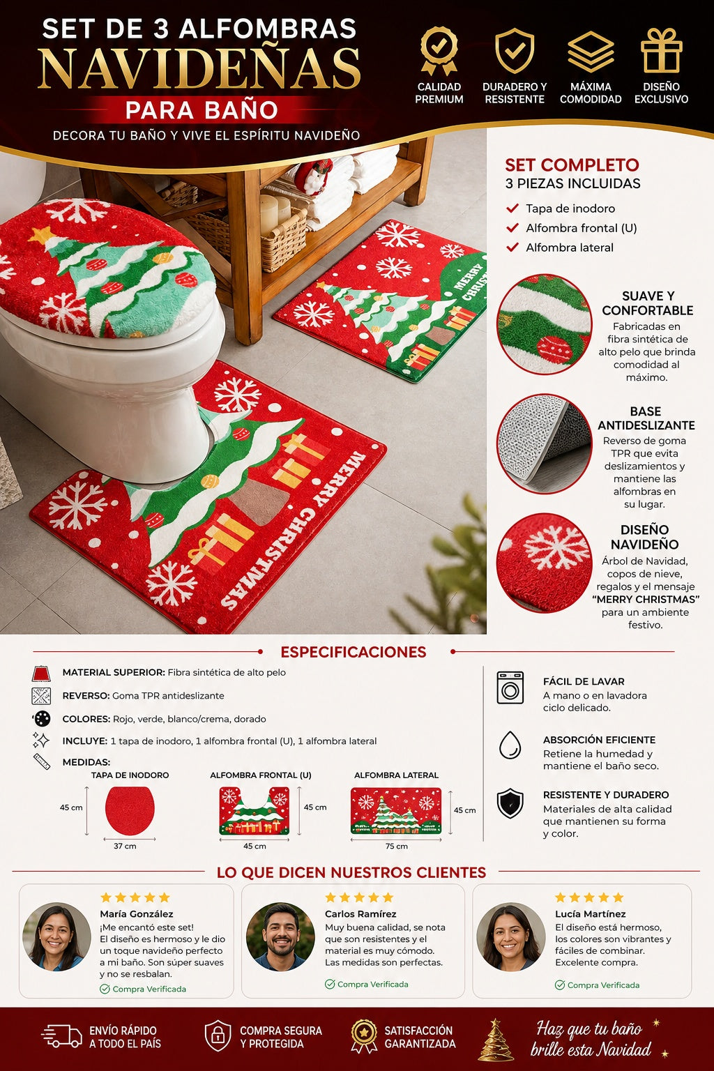 Juego De Tres Alfombras Bano Navidad - imagen 7