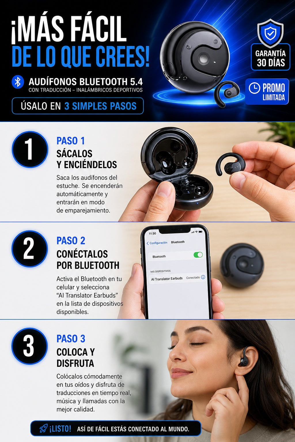 Audífonos Bluetooth 5.4,Con Traducción, Audífonos Inalámbricos Deportivos, Trans - imagen 8 - confianza-envio