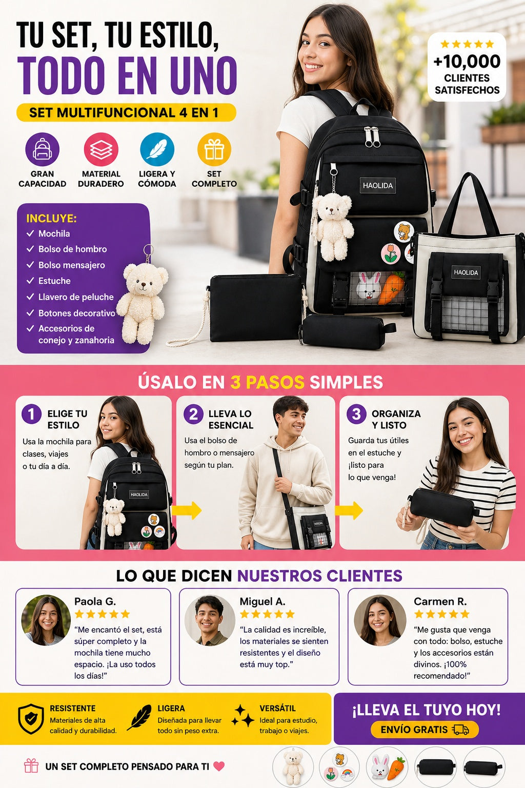 Set De Mochila Multifuncional incluye • 1 Mochila principal.  • 1 Bandolera.  • 1 Bolso mensajero.  • 1 Estuche.  • 1 Llavero de oso.  • 3 Botones decorativos.  • 2 Accesorios de conejo.  • 2 Accesorios de zanahoria. - imagen 8