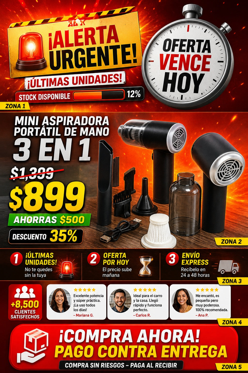 Mini Aspiradora Portatil De Mano 3 En 1 con luz led para autos y en la casa en general - imagen 10