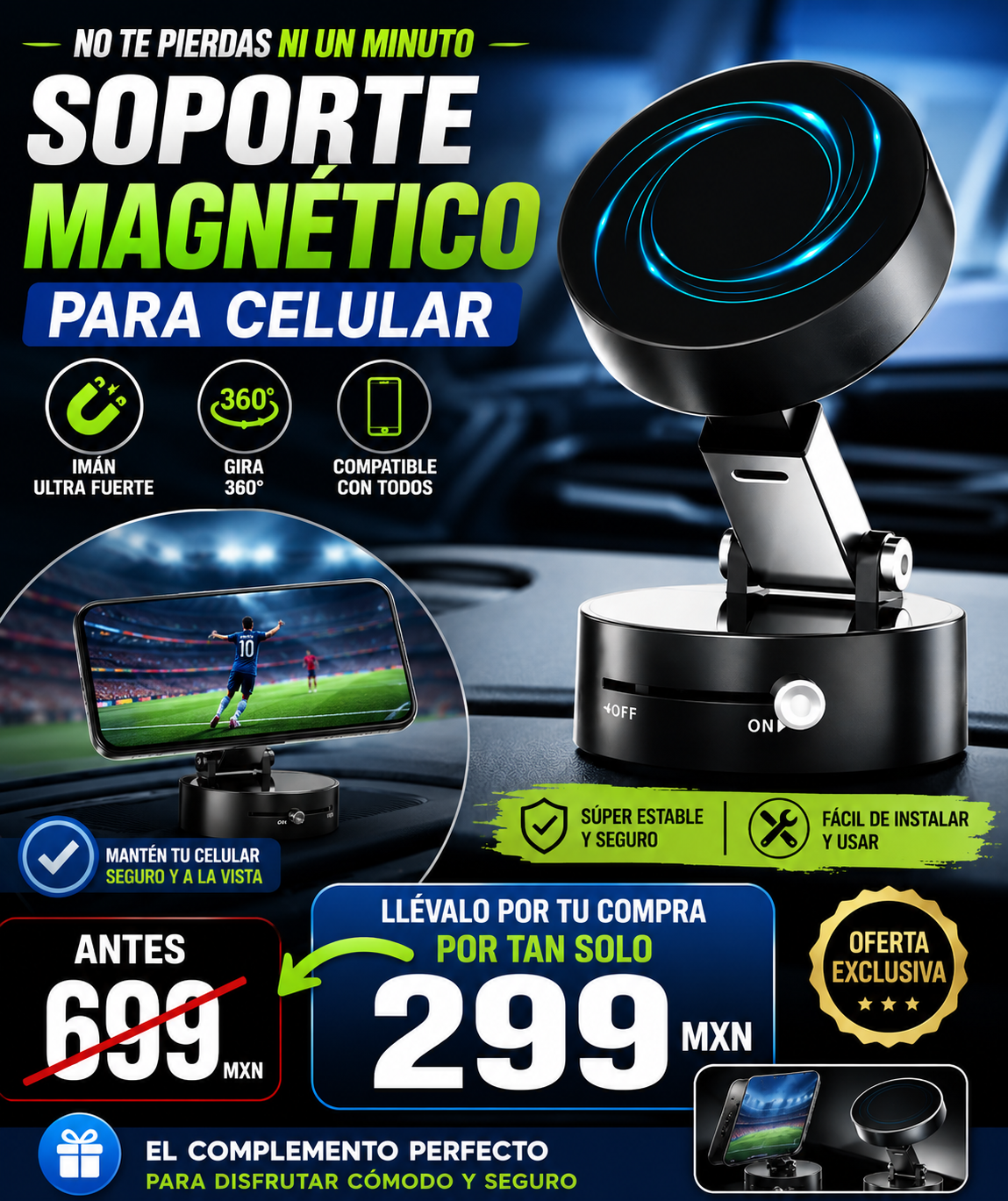 📍 Soporte Magnético 360° para Celular 🚘 | Ideal para GPS, Videos y Viajes